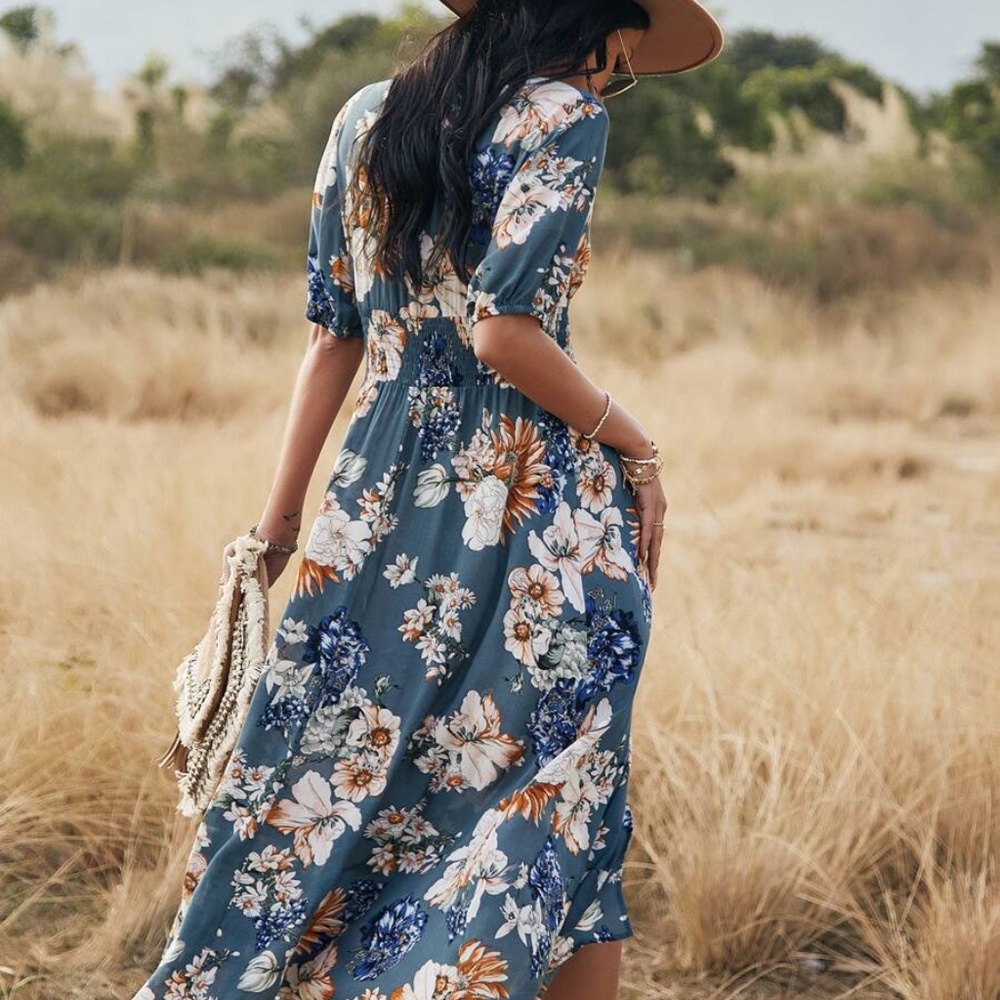 boho floral print vneck slit black midi dress Blue - Picture 10 of 11